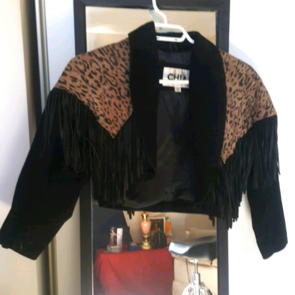 Cropped Black/Leopard Print Fringe Suede Jacket